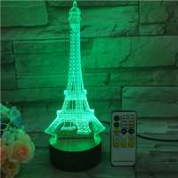 Eiffel Tower Design 3D Night Lamp Wooden Base Multi-colors Changing LED Night Light for Children Gift and Bedroom Decoration